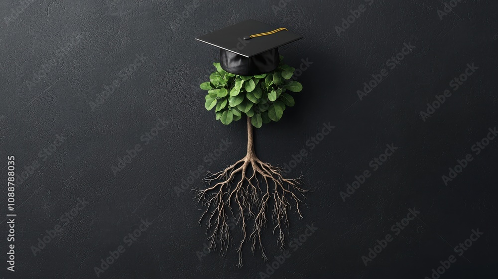 Graduation Growing Cultivating success graduation cap with roots abstract concept artistic ...