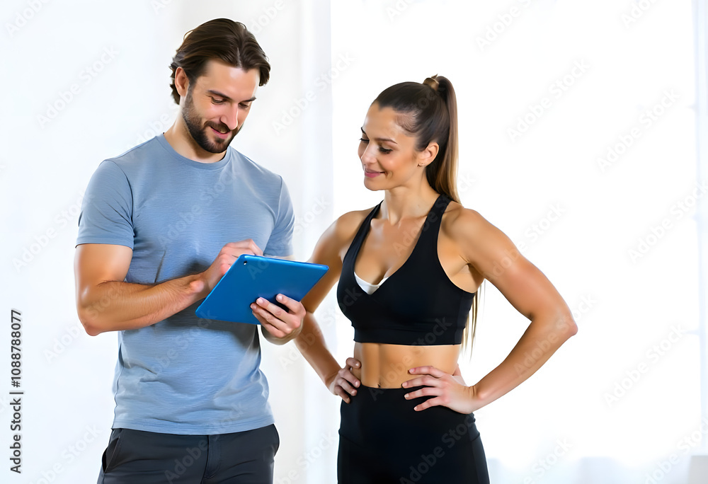 Personal trainer standing with an ipad while talking to a female client Personal trainer standing with an ipad while talking to a female client