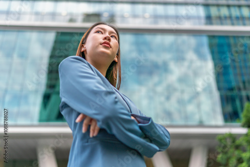 Portrait of a young and confident businesswoman standing in front a modern office building in a financial district Free Download Portrait of a young and confident businesswoman standing in front a modern office building in a financial district - GFXLoad