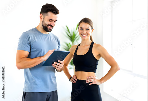 Personal trainer standing with an ipad while talking to a female client 