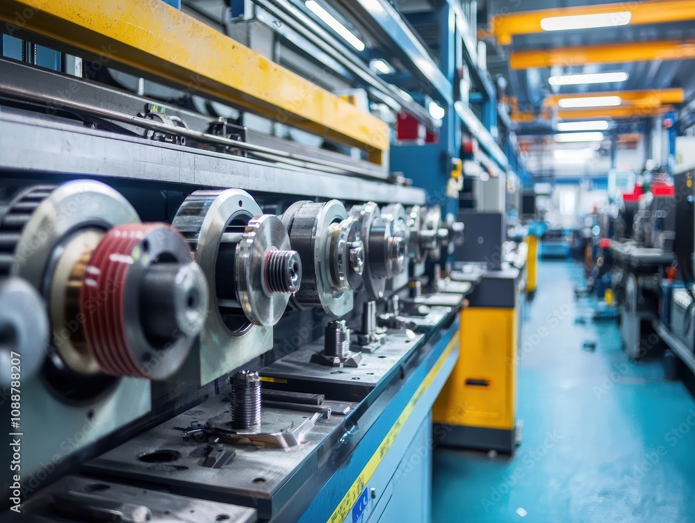 Naklejka premium Industrial Equipment in Factory Setting with Precision Tools for Manufacturing and Assembly, Showcasing Modern Technology and Production Line Efficiency
