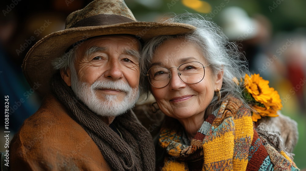 Elderly couple enjoying a joyful moment at a rustic outdoor event with colorful attire and bright sunflower accents. Generative AI Elderly couple enjoying a joyful moment at a rustic outdoor event with colorful attire and bright sunflower accents. Generative AI