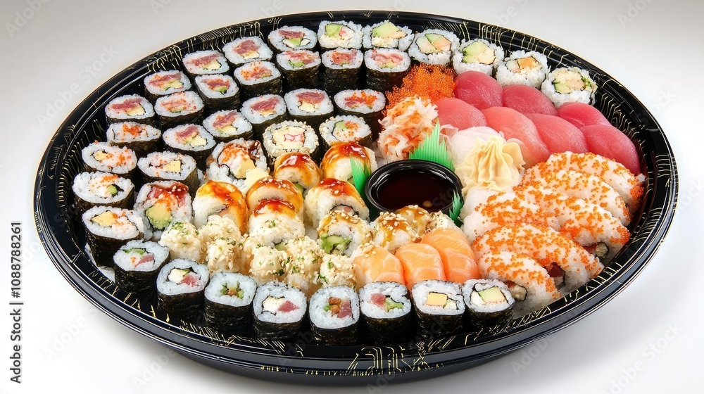 An assortment of sushi rolls and sashimi arranged on a black platter. An assortment of sushi rolls and sashimi arranged on a black platter.