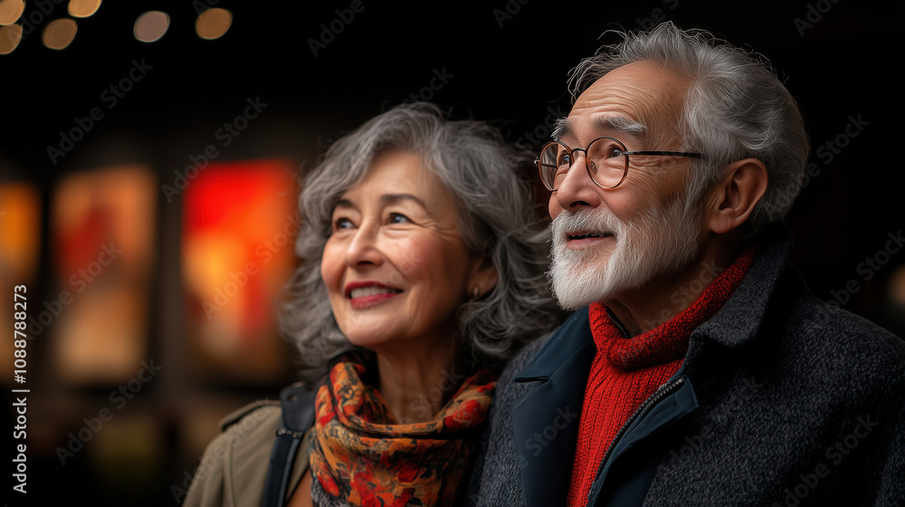 Couple enjoys art exhibit during evening event at a gallery, admiring colorful paintings illuminated by soft lights. Generative AI Couple enjoys art exhibit during evening event at a gallery, admiring colorful paintings illuminated by soft lights. Generative AI