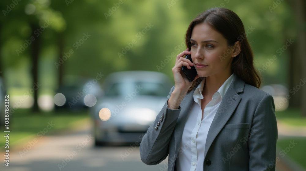 Concerned Woman in Professional Attire on Phone After Minor Car Accident Concerned Woman in Professional Attire on Phone After Minor Car Accident