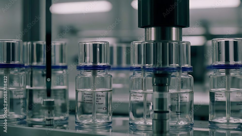 Close-Up View of Vials on a Pharmaceutical Production Line for Medicine Manufacturing Close-Up View of Vials on a Pharmaceutical Production Line for Medicine Manufacturing