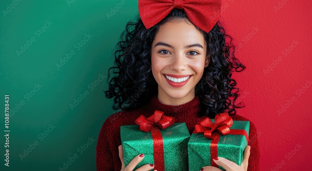 A beautiful Hispanic woman with curly hair, wearing a green turtleneck sweater and a red bow on her head, holding Christmas gifts and smiling against a multicolored background with copy space. A beautiful Hispanic woman with curly hair, wearing a green turtleneck sweater and a red bow on her head, holding Christmas gifts and smiling against a multicolored background with copy space.