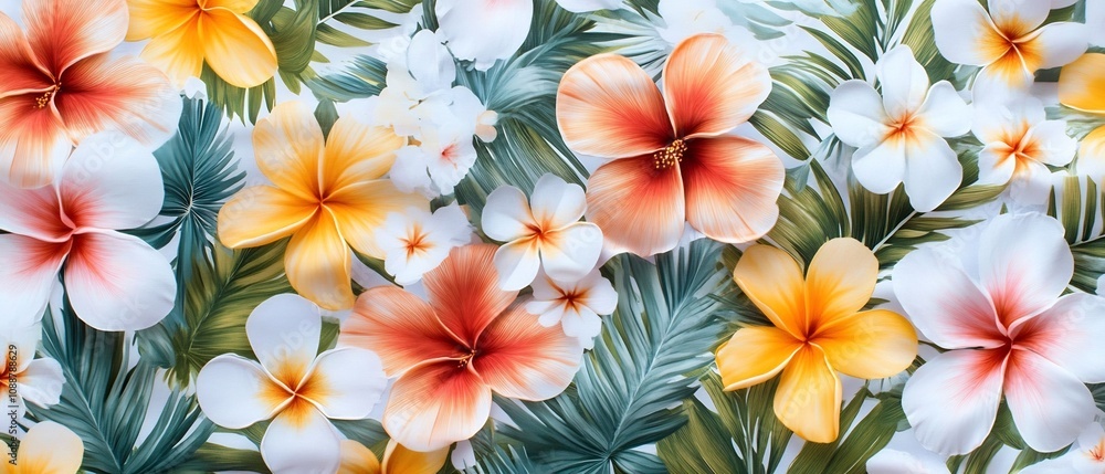Vibrant Retro Style Tropical Floral Pattern with Muted Pastel Tones Vibrant Retro Style Tropical Floral Pattern with Muted Pastel Tones