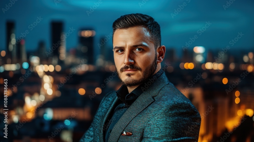 A man in formal attire poses against a city skyline at dusk, exuding confidence and sophistication. A man in formal attire poses against a city skyline at dusk, exuding confidence and sophistication.