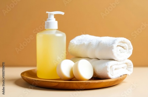 Body hygiene and self-care. Close-up of personal care hygiene items on brown wooden tray, beige background