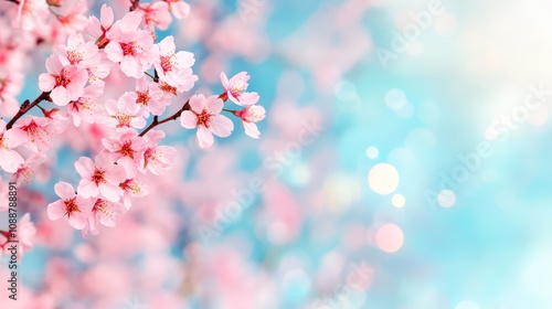 Delicate pink cherry blossoms against a soft blue background create a serene atmosphere, ideal for spring-themed projects, invitations, or wellness promotions, Perfect for adding a touch of nature,