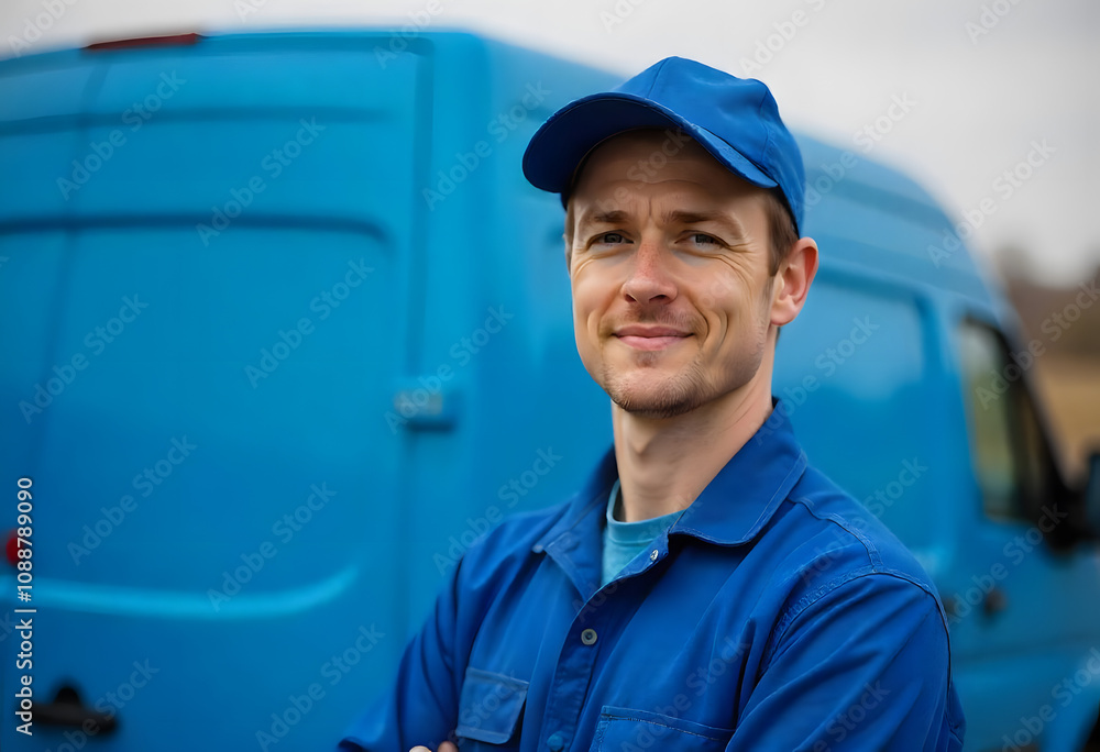 Delivery man or a driver standing in his blue uniform and blue cap, standing next to a blue van Delivery man or a driver standing in his blue uniform and blue cap, standing next to a blue van