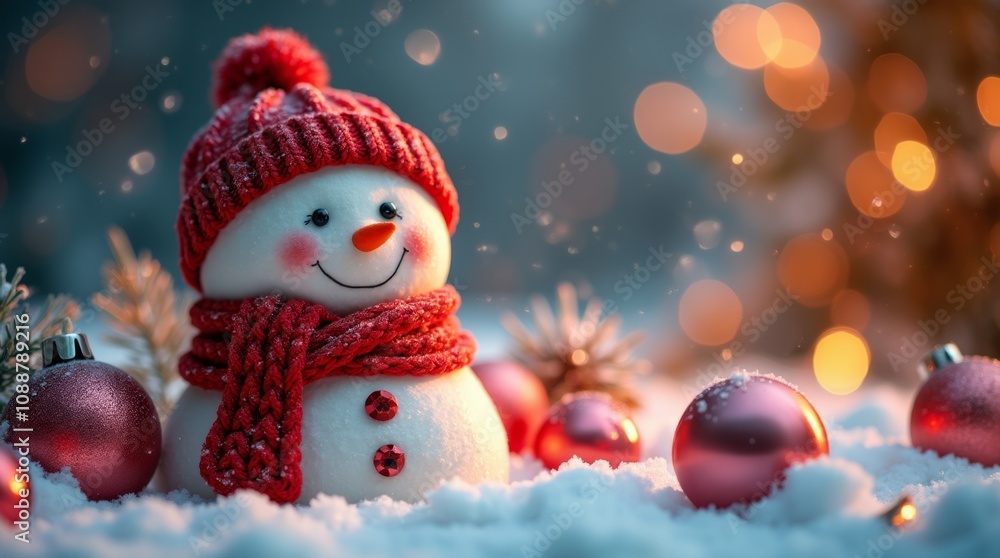 Cheerful Snowman Amidst Festive Ornaments Cheerful Snowman Amidst Festive Ornaments