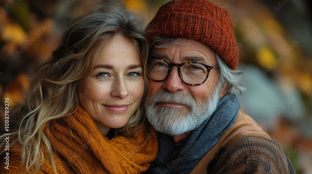 Couple enjoying autumn outdoors with warm sweaters and colorful leaves. Generative AI Couple enjoying autumn outdoors with warm sweaters and colorful leaves. Generative AI