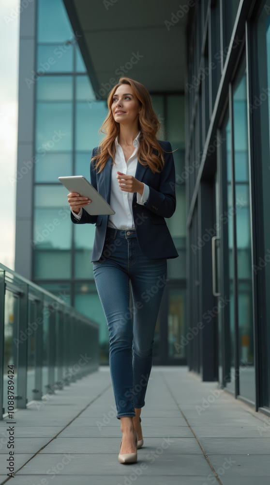 Obraz premium Female Executive Leaves Corporate Building With Tablet in Hand