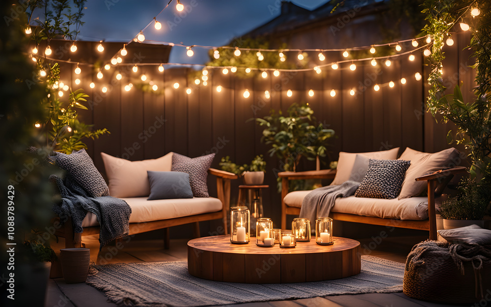 Charming outdoor patio with fairy lights Charming outdoor patio with fairy lights