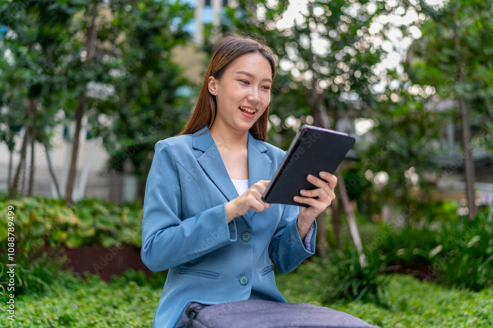 Young Asian Businesswoman Using Digital Tablet Outdoor In Front Modern Office Building Young Asian Businesswoman Using Digital Tablet Outdoor In Front Modern Office Building
