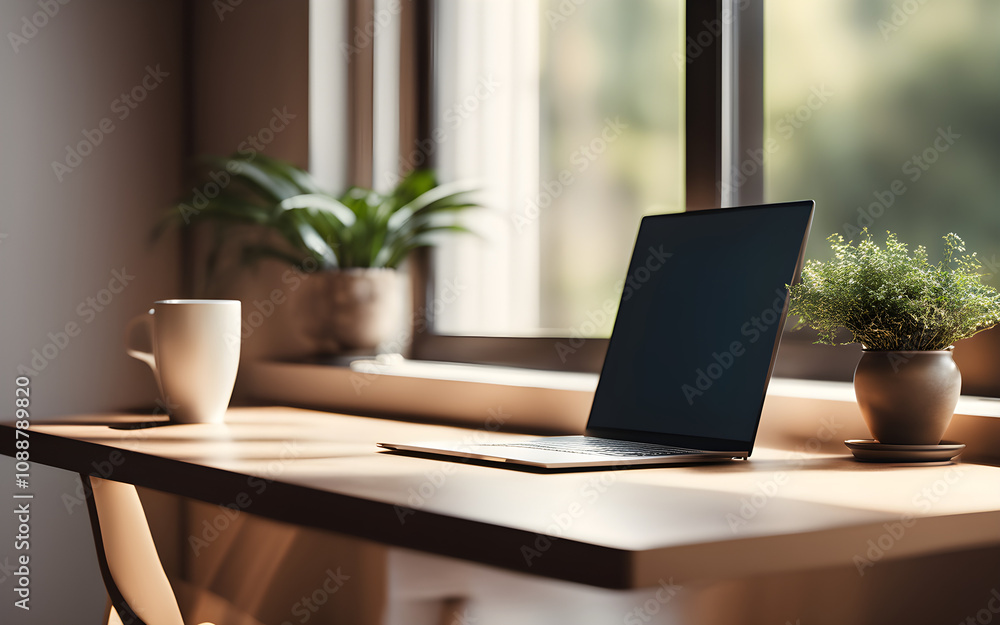 Comfortable workspace in minimalist home, coffee cup, open laptop Comfortable workspace in minimalist home, coffee cup, open laptop