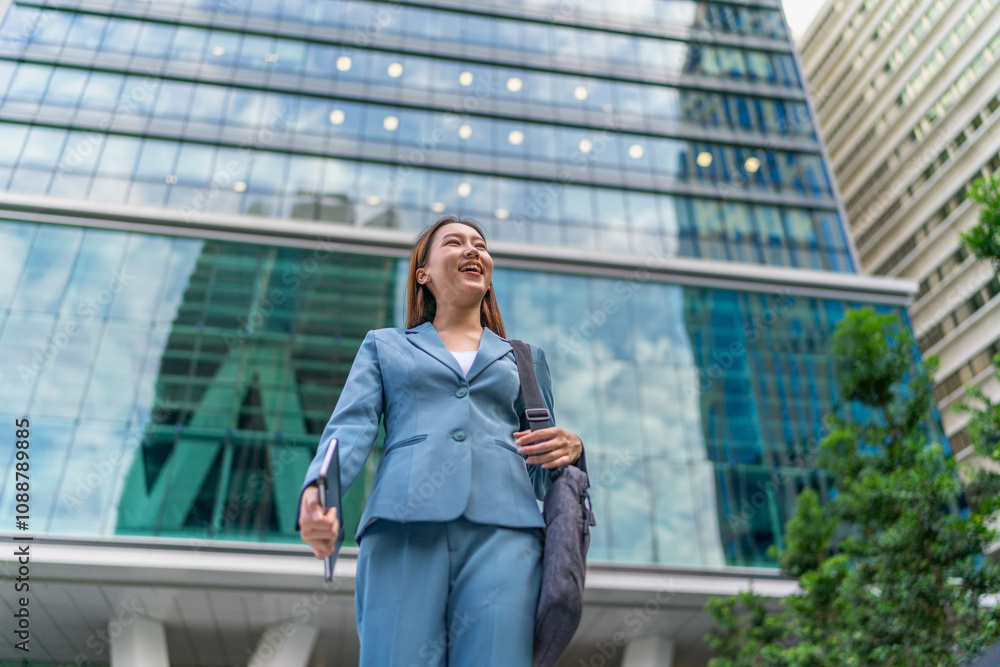Portrait of a young and confident businesswoman standing in front a modern office building in the financial district Portrait of a young and confident businesswoman standing in front a modern office building in the financial district