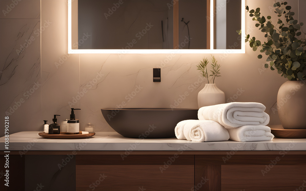 Minimalistic bathroom with marble counters Minimalistic bathroom with marble counters
