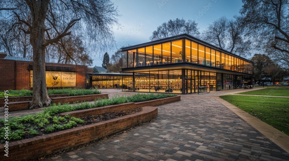 Modern library building with large windows, surrounded by landscaped green space. Modern library building with large windows, surrounded by landscaped green space.