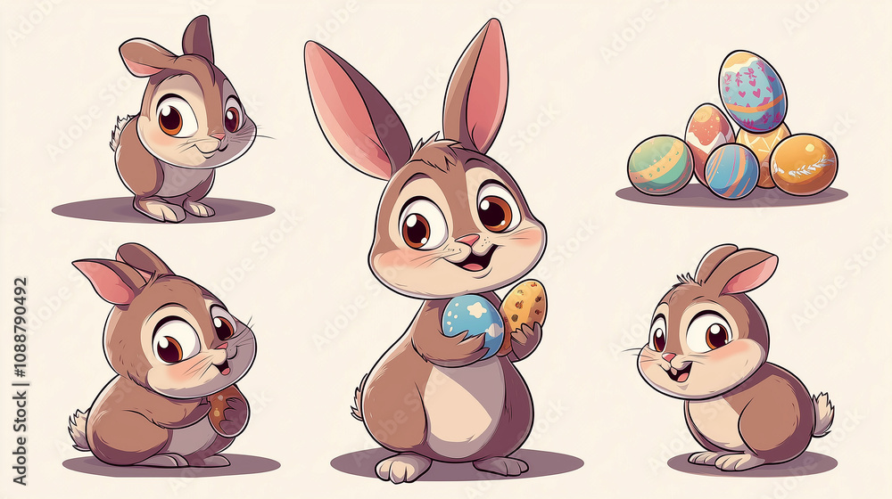 Collection of cute rabbits for Easter with eggs, lovely Cartoon Characters of bunnies, bunny illustration drawing set for postcard design Collection of cute rabbits for Easter with eggs, lovely Cartoon Characters of bunnies, bunny illustration drawing set for postcard design