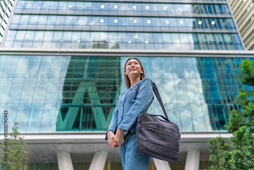 Portrait of a young and confident businesswoman standing in front a modern office building in the financial district