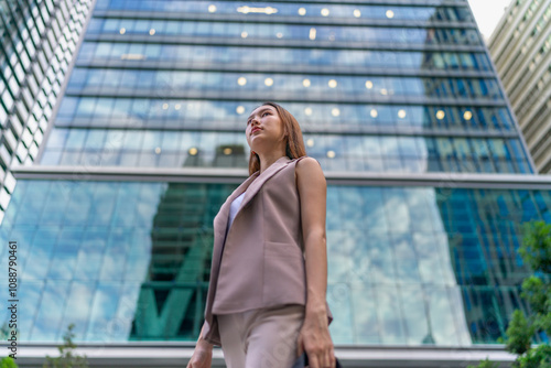 Portrait of a young and confident businesswoman standing in front a modern office building in the financial district