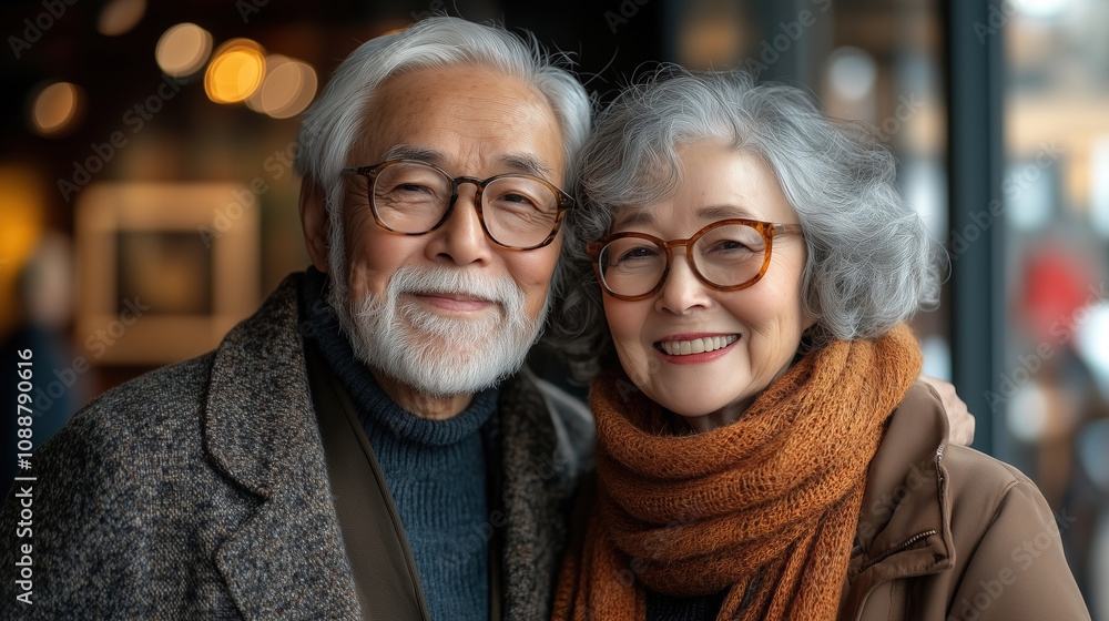 Senior couple smiling warmly together in a cozy indoor setting during a winter afternoon. Generative AI Senior couple smiling warmly together in a cozy indoor setting during a winter afternoon. Generative AI
