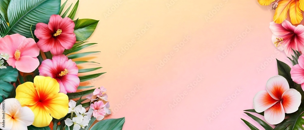 Fototapeta premium Vibrant Tropical Flowers Within Geometric Pastel Frame Minimal Botanical Arrangement