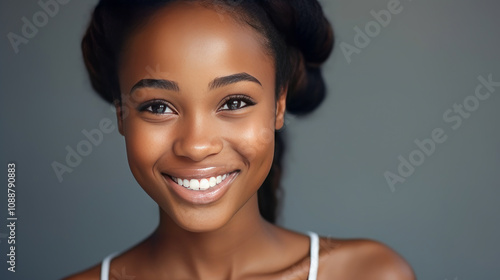 Portrait of smiling African American girl with gray background banner.