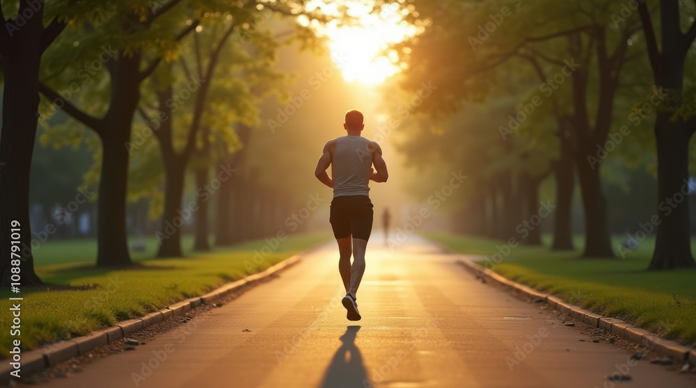 Obraz premium Fit Man Jogging Through a Green Urban Park in Early Morning Light