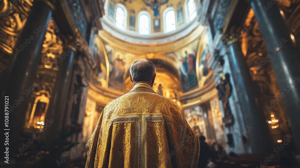 A man in a gold robe stands in a large church A man in a gold robe stands in a large church