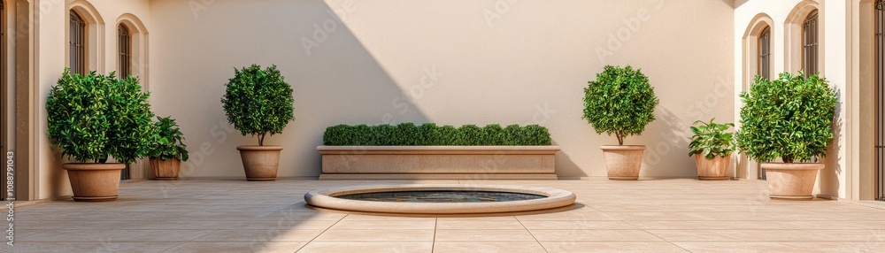A serene courtyard featuring neatly arranged potted plants and a circular stone feature, showcasing a blend of elegance and tranquility. A serene courtyard featuring neatly arranged potted plants and a circular stone feature, showcasing a blend of elegance and tranquility.