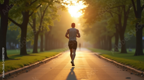 Fit Man Jogging Through a Green Urban Park in Early Morning Light