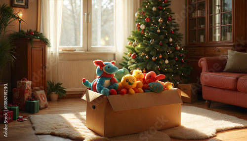 Colorful stuffed animals in a donation box for children in a cheerful holiday living room photo