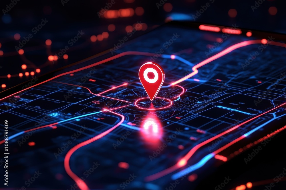 A digital map interface highlighting a location with a pin marker in a futuristic style. A digital map interface highlighting a location with a pin marker in a futuristic style.