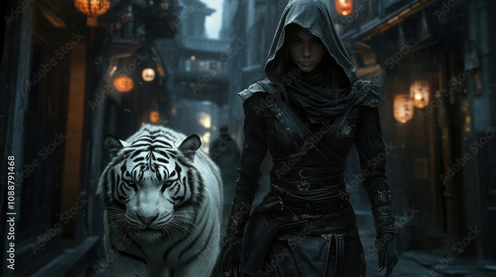 A mysterious female assassin in a hood in dark leather armor at night, with a large white tiger background wallpaper AI generated image A mysterious female assassin in a hood in dark leather armor at night, with a large white tiger background wallpaper AI generated image
