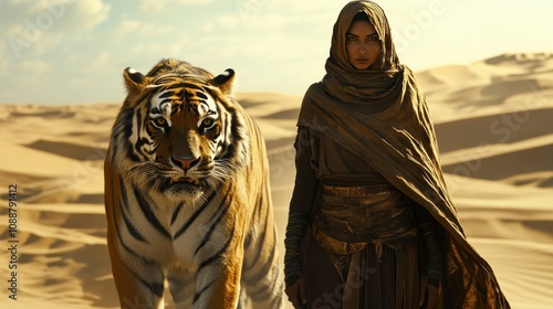 A Muslim woman dressed as a desert warrior wearing a hijab stands next to a ferocious tiger in the middle of a desert landscape background wallpaper AI generated image