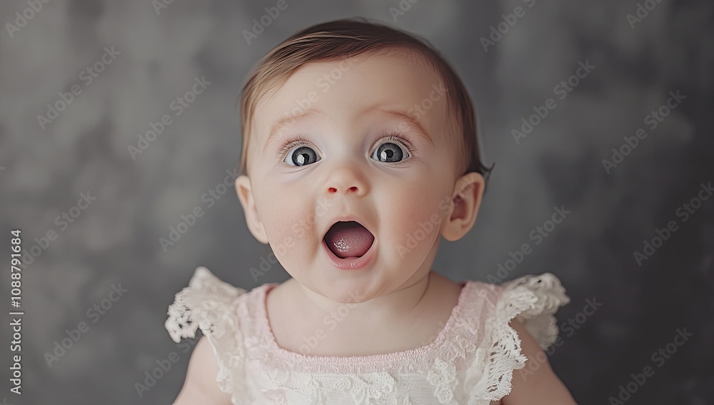 A surprised baby girl is making an expression of shock or amazement, with her mouth open and eyes wide in surprise as she looks up at something. A surprised baby girl is making an expression of shock or amazement, with her mouth open and eyes wide in surprise as she looks up at something.
