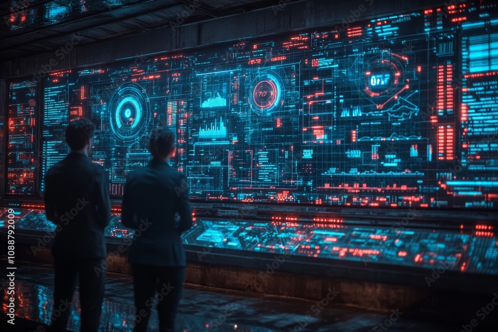 A futuristic scene of an interactive digital whiteboard displaying business intelligence and financial forecasts. Generative AI A futuristic scene of an interactive digital whiteboard displaying business intelligence and financial forecasts. Generative AI