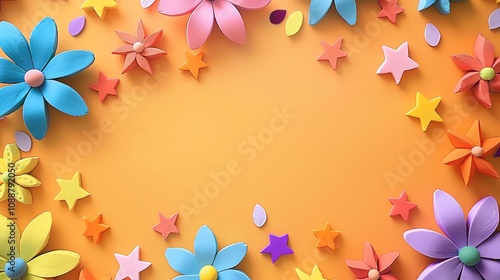 Colorful paper flowers and stars on an orange background. photo