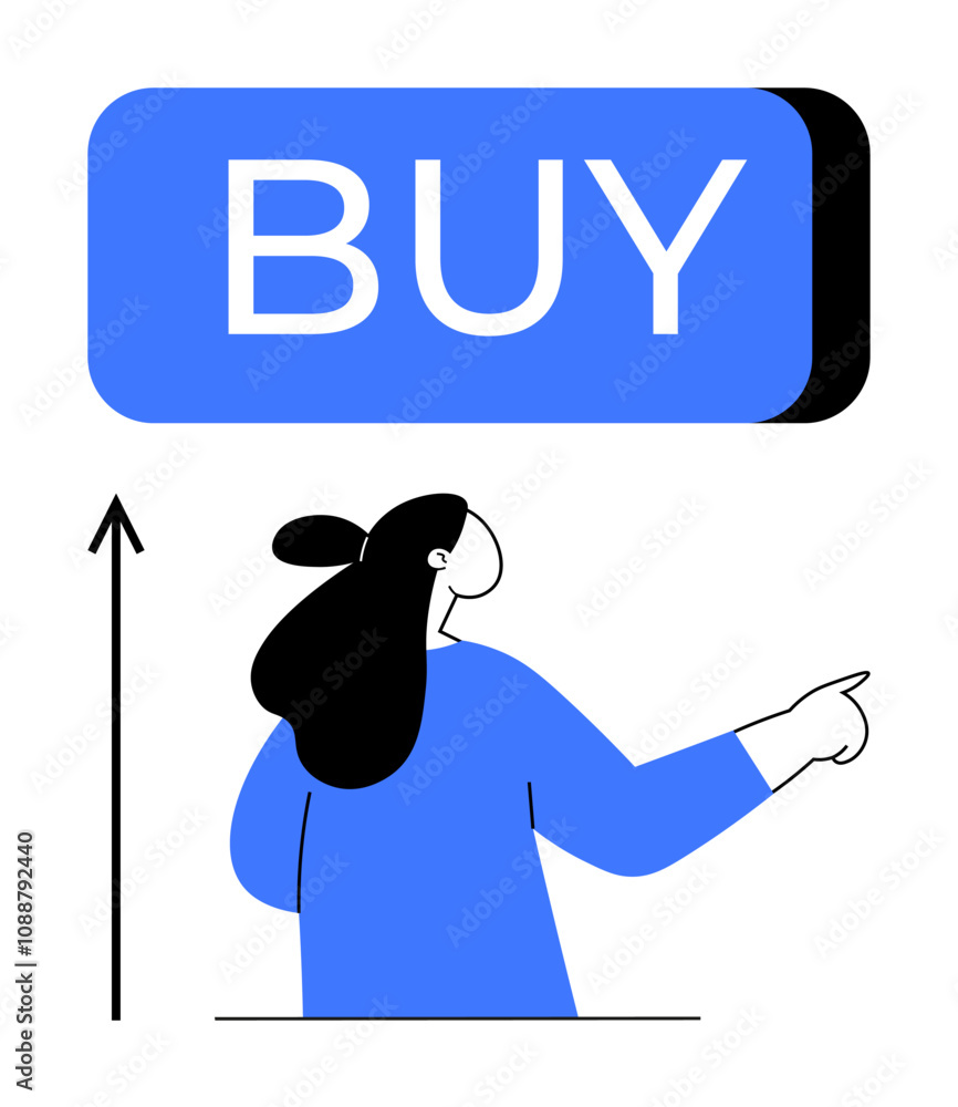 Large blue BUY button, person in blue pointing as upward arrow suggests growth. Ideal for e-commerce, shopping, marketing, call-to-action, sales strategy, digital commerce. Line metaphor