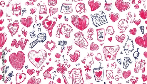 A colorful pattern of hearts and romantic symbols, ideal for Valentine's Day designs.