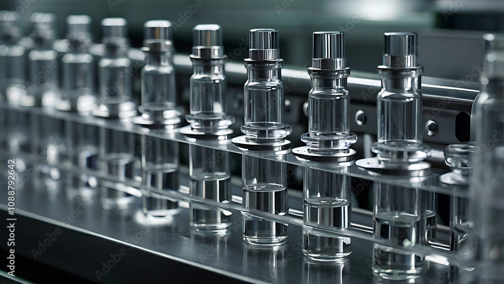 Close-Up View of Vials on a Pharmaceutical Production Line for Medicine Manufacturing Close-Up View of Vials on a Pharmaceutical Production Line for Medicine Manufacturing