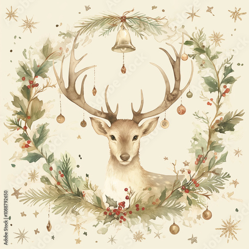 Watercolor Christmas illustration featuring a reindeer surrounded by a festive wreath adorned with holly, berries, greenery, and a golden bell. Soft and rustic holiday charm. photo