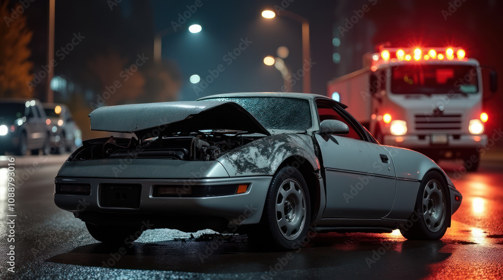 Fototapeta premium Silver Car Heavily Damaged in Nighttime City Street Accident