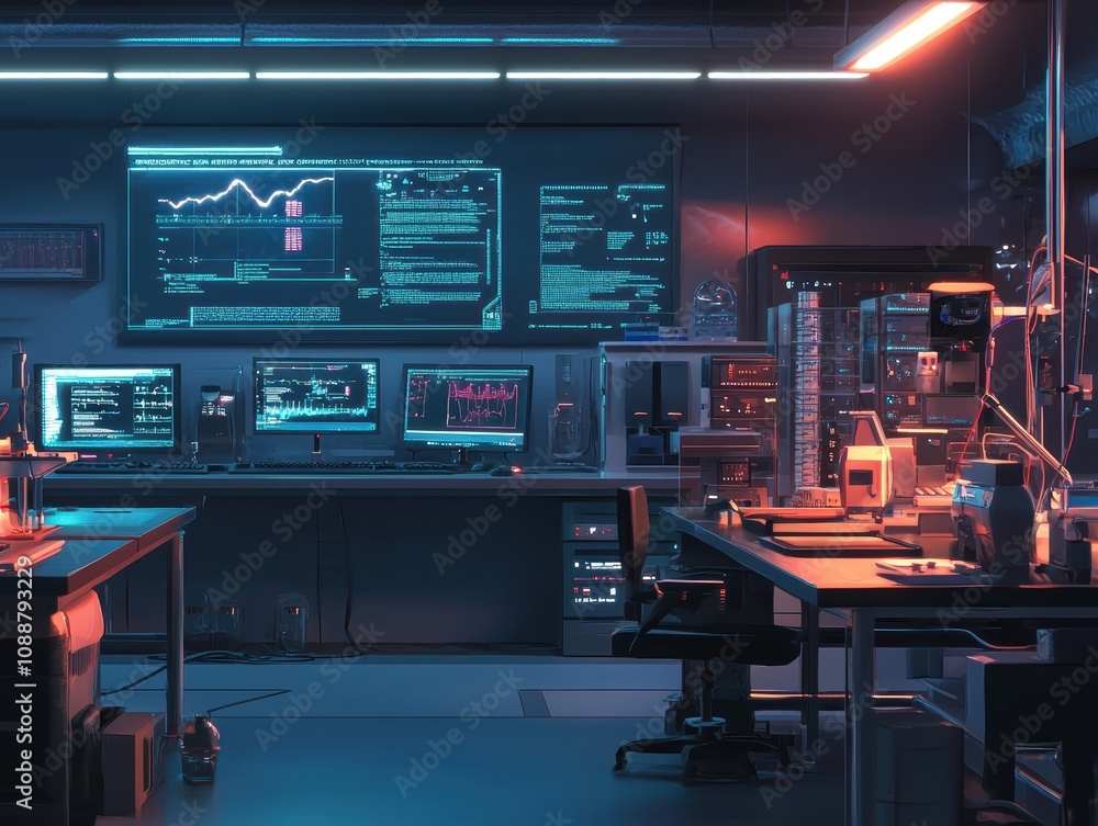Modern cyber security laboratory with advanced technology, multiple monitors displaying data analytics and software development in a futuristic setting Modern cyber security laboratory with advanced technology, multiple monitors displaying data analytics and software development in a futuristic setting