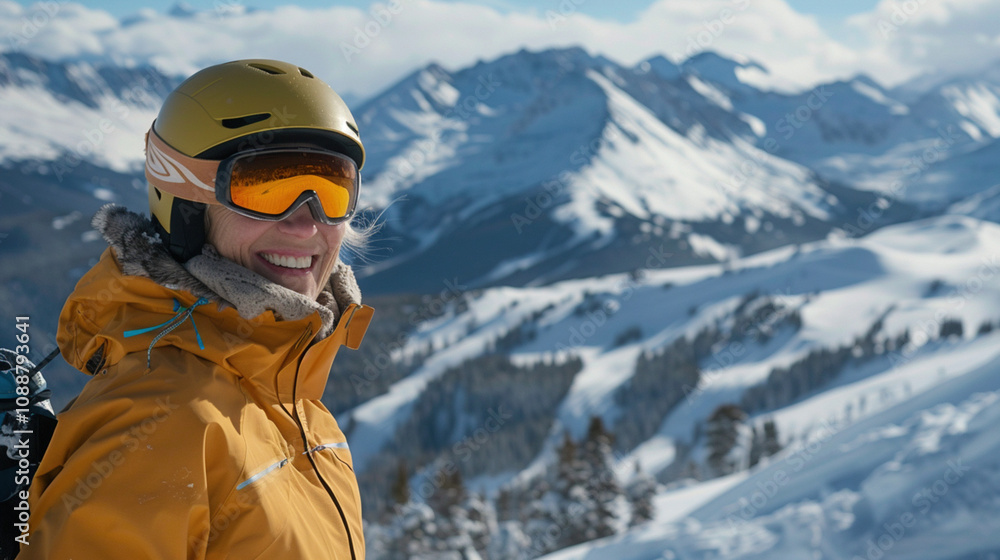 Winter sport. Female coach trainer dressed in an black snowboard suit smiles into camera standing on peak of mountain. Copy paste empty place for text Winter sport. Female coach trainer dressed in an black snowboard suit smiles into camera standing on peak of mountain. Copy paste empty place for text