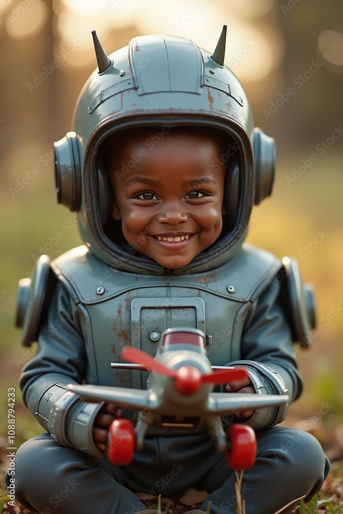 Child in a space-themed costume enjoys playful moments outdoors during golden hour Child in a space-themed costume enjoys playful moments outdoors during golden hour